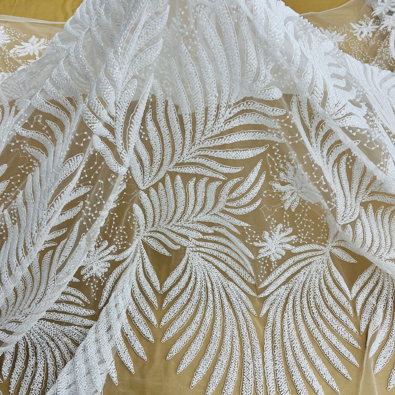 1 Yard Silver Beaded & Corded Bridal Lace Fabric Embroidered on 100% Polyester Net Mesh 56 Inch Width